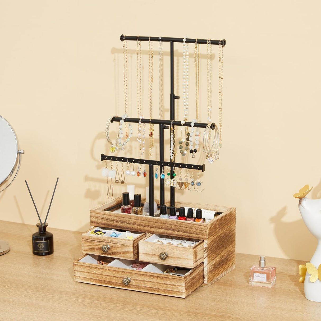 X-cosrack Jewelry Tree Stand Organizer 3 Tier Metal Jewelry Holder Stand with Wood Basic Storage Box, Adjustable Height Holder Display for Necklaces Earrings Bracelets and Rings, Carbonized Black X-cosrack