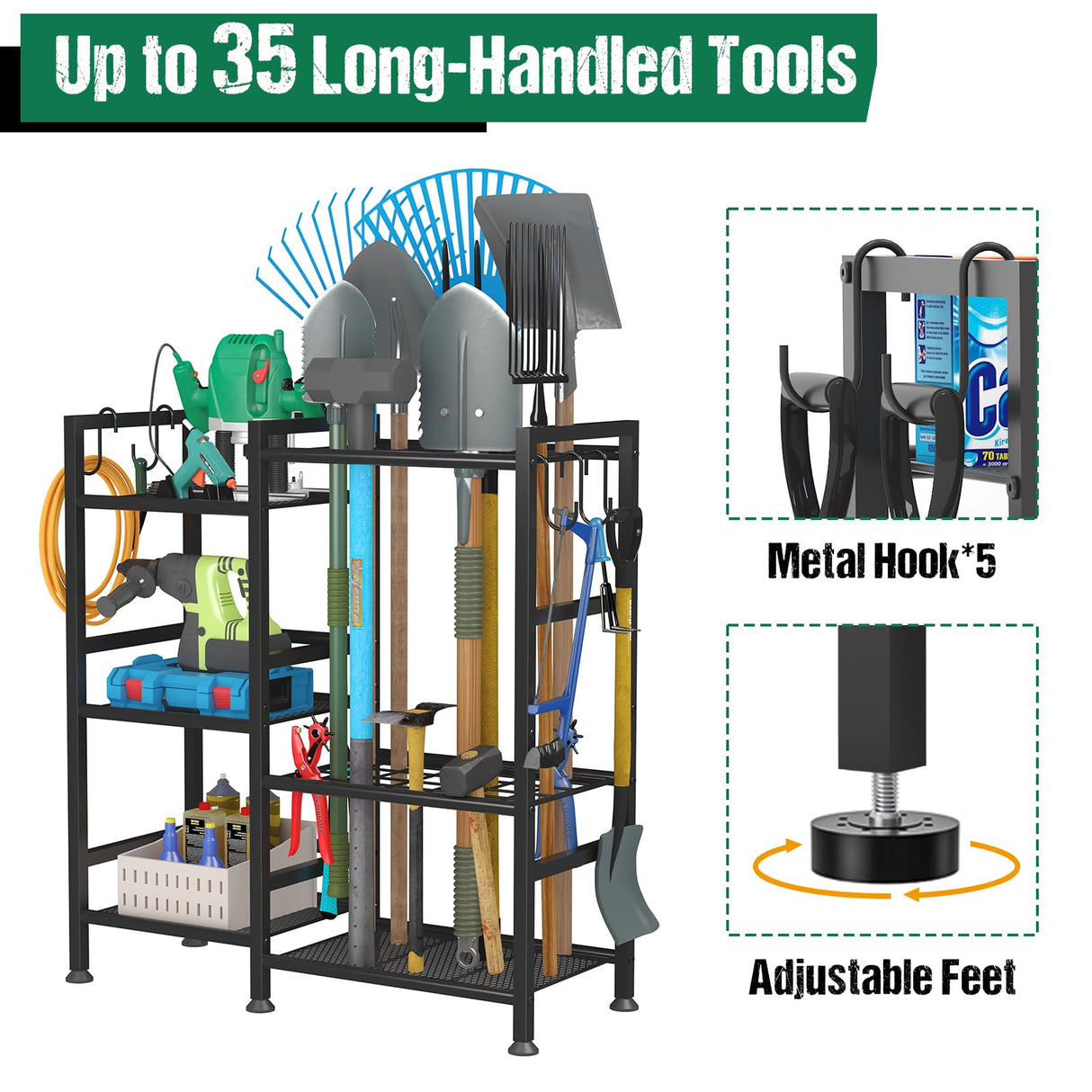 keomaisyto Garden Tool Organizer for Garage Organization, 3 Tier Yard Tool Storage Rack with 35 Long-Handled Tool Slots, Heavy Duty Garden Tool Holder with Large Hooks for Shed, Yard, Garage keomaisyto
