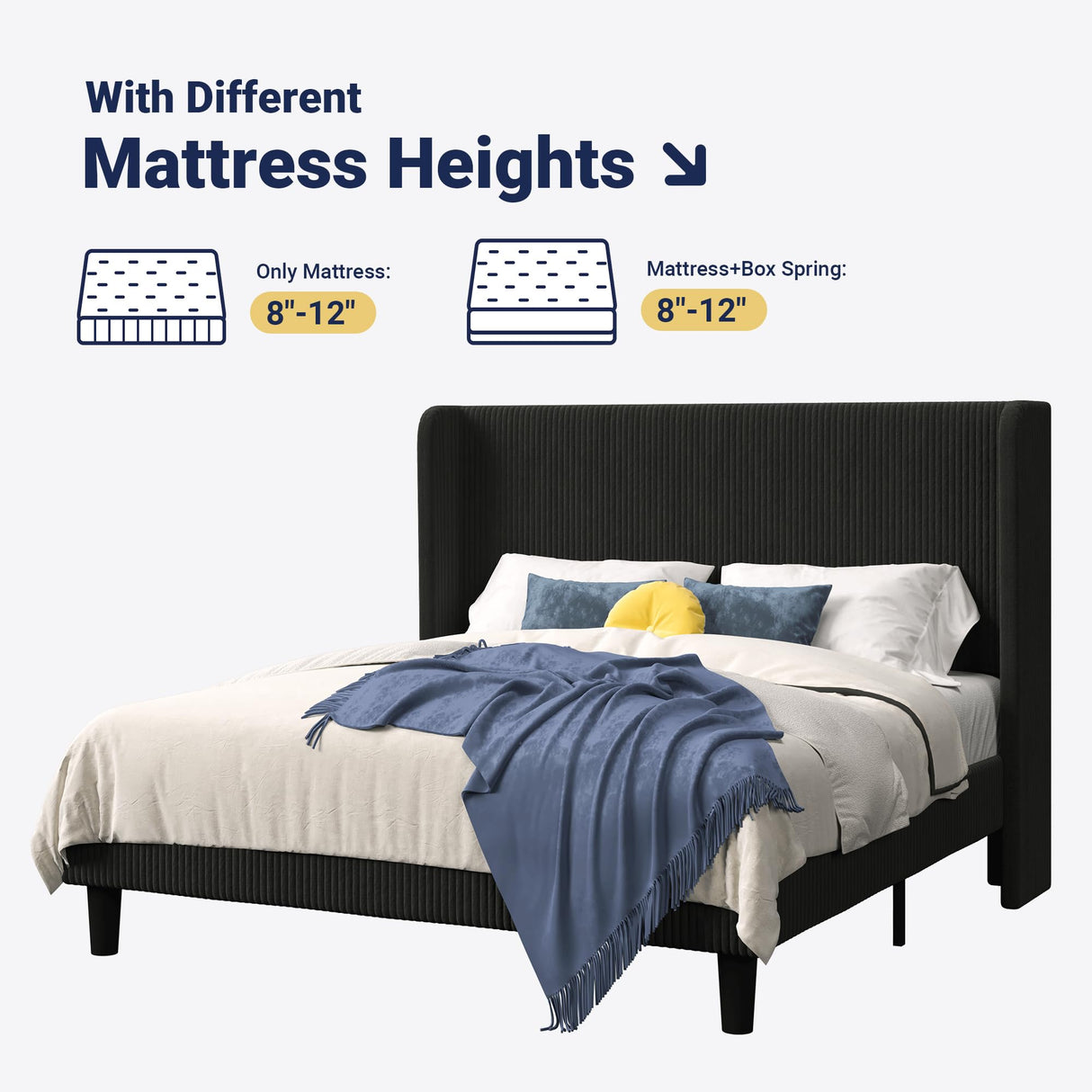 Allewie Full Size Bed Frame with Upholstered Wingback Headboard, Vertical Channel Tufted Corduroy Velvet Platform Bed, Strong Wooden Slats Support, No Box Spring Needed, Easy Assembly, Sturdy, Black Allewie