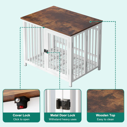 UMXES Heavy Duty Dog Crate Furniture, Fully Assembled exc. Locks, All Metal Frame & Wooden Tabletop, Modern Kennel for Small Dog, End Table, Sturdy, Foldable, White/Rustic Brown - WoodArtSupply