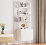 INNOD 74" Tall Bookshelf with Storage Cabinet, Modern Ladder Shelf with Wood and Metal Frame, Wall Mount Bookcase Open Display Shelf Furniture for Living Room, Bedroom, Home Office, White INNOD