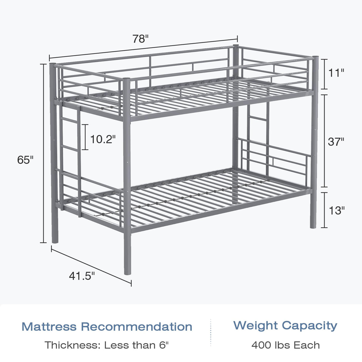 VECELO Bunk Bed Twin Over Twin, Metal Bunkbeds with Ladder and Full-Length Guardrail, No Box Spring Needed, Space Saving, Noise Free, Grey VECELO