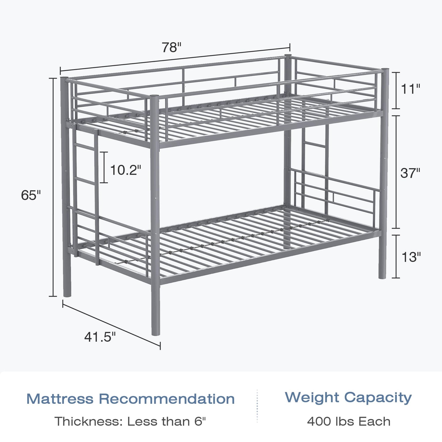 VECELO Bunk Bed Twin Over Twin, Metal Bunkbeds with Ladder and Full-Length Guardrail, No Box Spring Needed, Space Saving, Noise Free, Grey