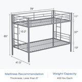 VECELO Bunk Bed Twin Over Twin, Metal Bunkbeds with Ladder and Full-Length Guardrail, No Box Spring Needed, Space Saving, Noise Free, Grey VECELO