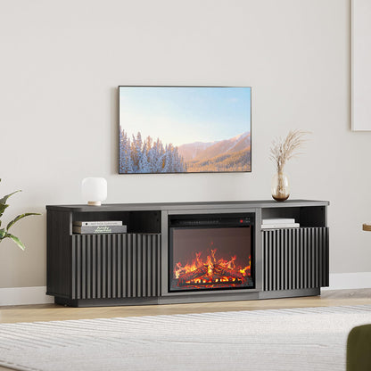 BELLEZE Fluted TV Stand with 23" Electric Fireplace Heater with Sound, 68" Entertainment Center for TV Up to 75", Media Console Table with Cable Management for Living Room, Bedroom - Ebony