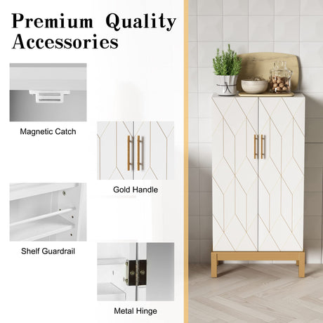 HOLTICO 45'' Storage Cabinet with Doors and Adjustable Shelves,Food Pantry Cabinet for Kitchen,Dining Room,Living Room and Garage,Gold Lines and Legs, White. HOLTICO