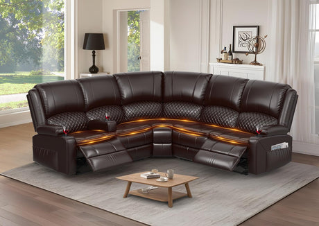 Yolsali Home Theater Seating Reclining Sectional Sofa, 5 Seats Soft Leather Recliner Corner Sectional Couch, Recliner Couch with USB Charging, Thickened Padding, Sturdy Frame, Brown Yolsali