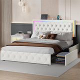 LED Queen Bed Frame with 4 Storage Drawers and Adjustable Headboard, Modern Velvet Upholstered Platform Bed Frame Queen Size with Charging Station, Wooden Slats Support, No Box Spring Needed, White QFP