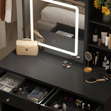 AIEGLE Vanity Desk Set with Lighted Sliding Mirror, 3 Colors LED, Makeup Drawer Dressing Table with Hidden Shelves & Cushioned Stool, Black AIEGLE