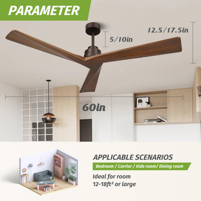 KAPOEFAN 60 Inch Ceiling Fan Without Light, Wood Ceiling Fans no Light, Modern Outdoor Ceiling Fans with Remote DC Motor 6 Speeds Quiet 8H Timer Black Solid Wooden Fan for Farmhouse Patio - WoodArtSupply