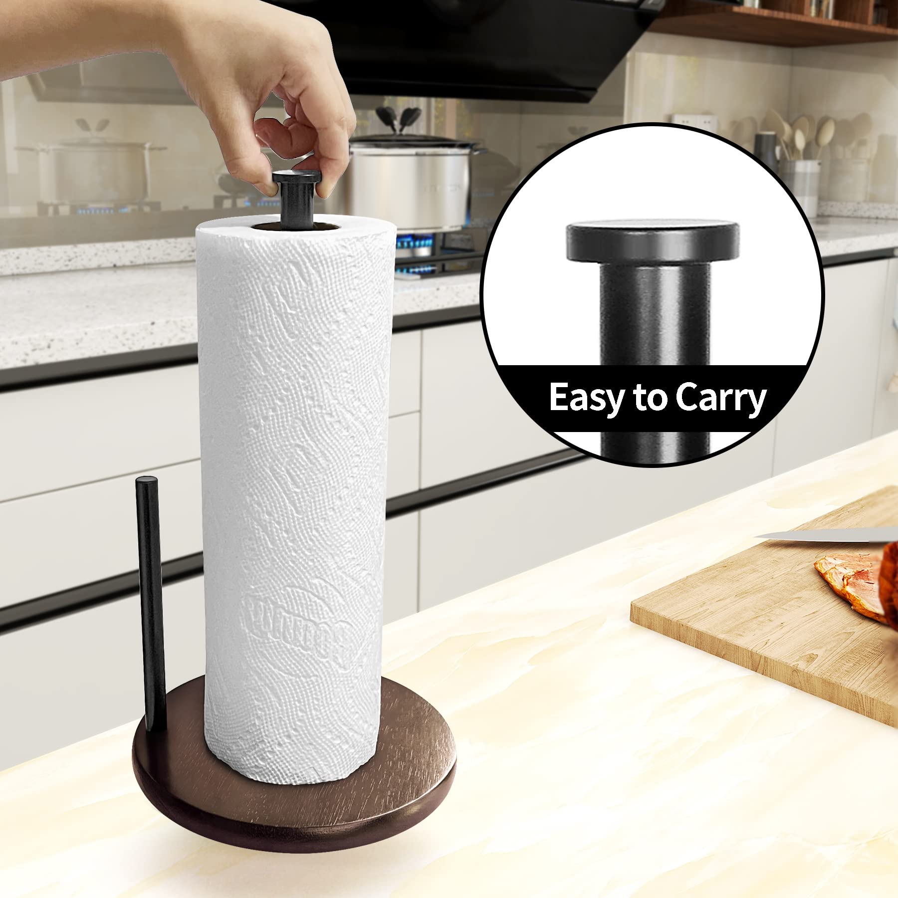 Wood Paper Towel Holder Countertop, OBODING, Farmhouse Kitchen Paper Towel Holders Stand with Real Wooden Base, fits Standard and Jumbo Size Paper Towels (Dark Brown) - WoodArtSupply