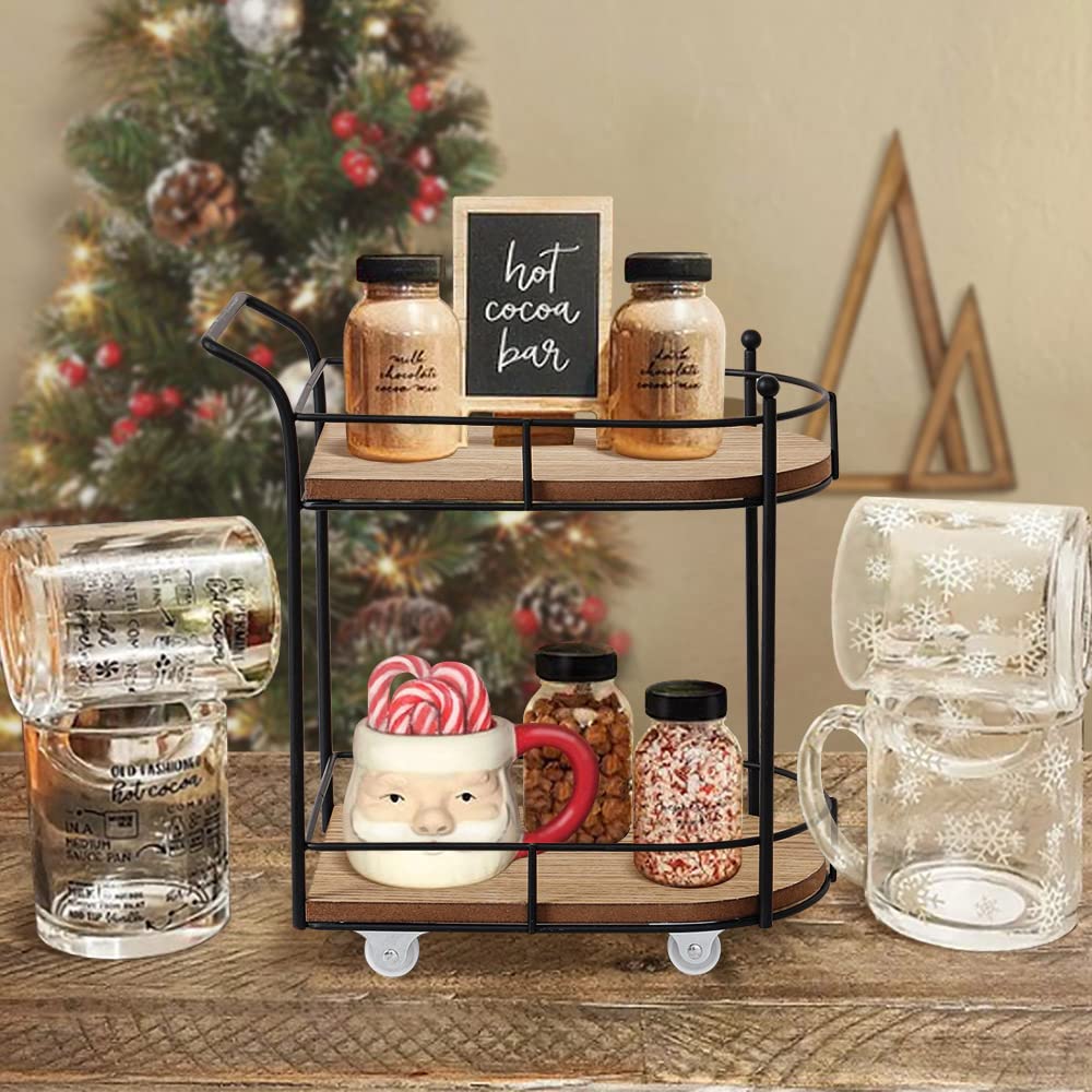 SunArtHome Two-Tier Matte Black Metal Wire/Wood Coffee Bar Cart - Mini Rolling Utility Cart Tiered Tray - for Coffee Bar Table Organizer,Home Kitchen Shelf, Farmhouse Décor SunArtHome