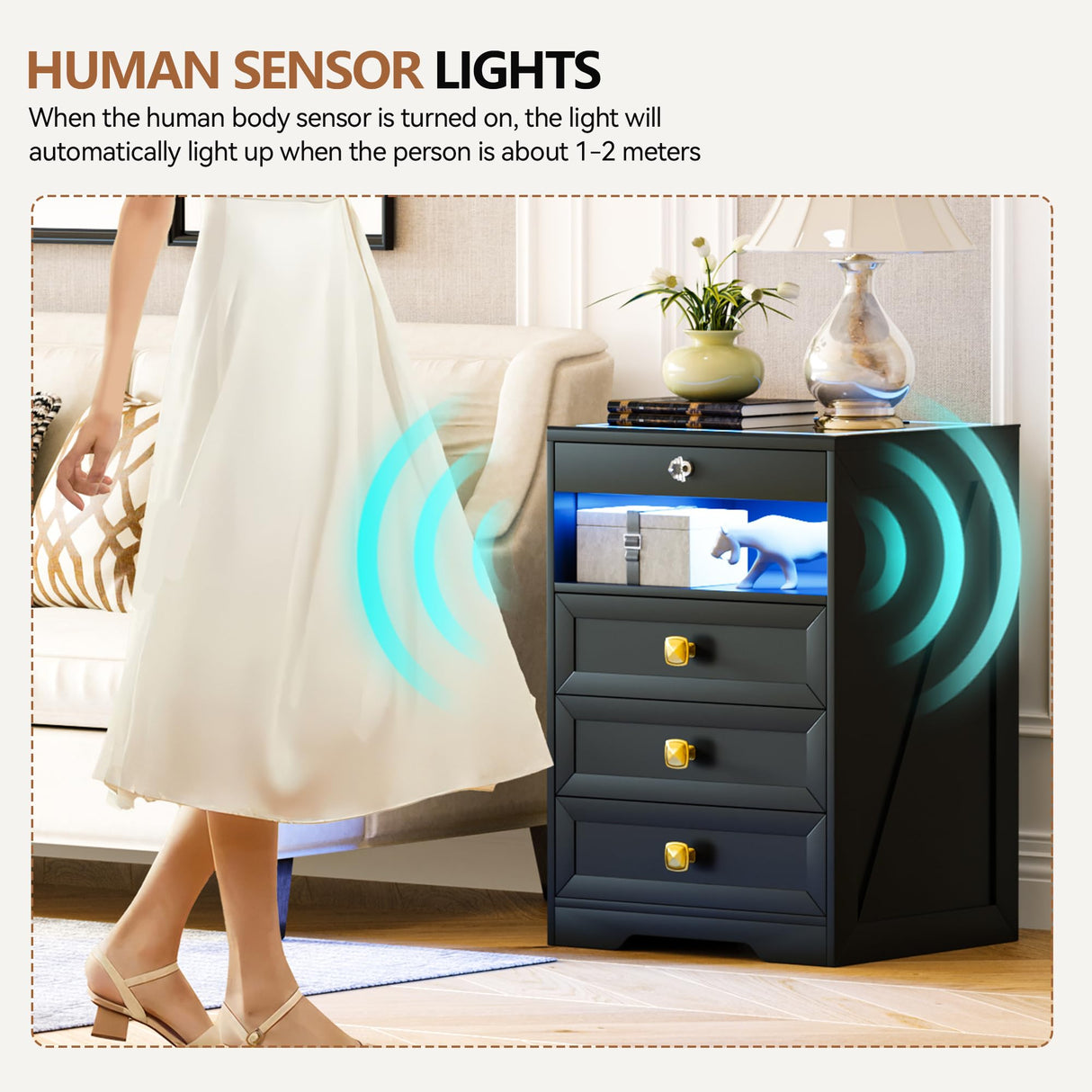 HNEBC 3 Color Dimmable LED End Table with Charging Station,Night Stand with Glass Desktop,Bedside Table with 3 Drawers for Bedroom,Black HNEBC