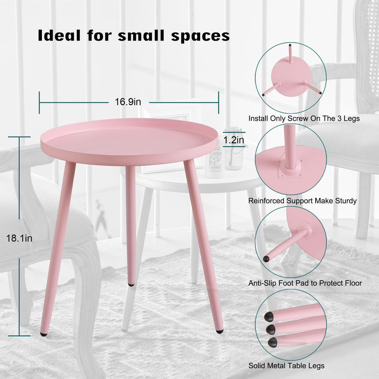 AOJEZOR Side Table: End Table for Any Room - Round Side Tables for Small Spaces - Pink with 3 Legged AOJEZOR