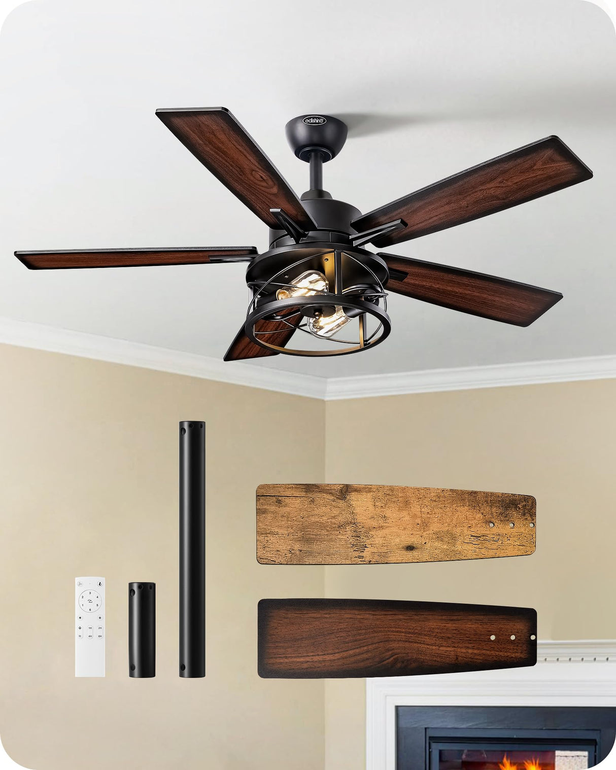 EDISHINE 42“ Farmhouse Ceiling Fans with Lights, Remote Control, Dimmable, 6 Speeds, 5 Wood Blades, DC Reversible Motor, Timer, Noiseless, Small Rustic Ceiling Fan for Bedroom Living Room, UL Listed EDISHINE
