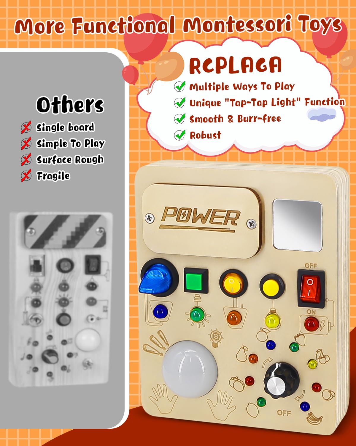 RCPLAGA Montessori Busy Board for 1-3 Toddlers: Wooden Sensory Busy Board Toy with LED Light Switch,Baby Travel Toy Preschool Learning Activities Board Christmas Birthday Gifts for Boys and Girls RCPLAGA