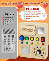 RCPLAGA Montessori Busy Board for 1-3 Toddlers: Wooden Sensory Busy Board Toy with LED Light Switch,Baby Travel Toy Preschool Learning Activities Board Christmas Birthday Gifts for Boys and Girls RCPLAGA