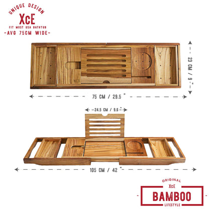 XcE Teak Bathtub Tray Expandable to 105cm with Solid Book Stand and Soap Tray, Teak - WoodArtSupply