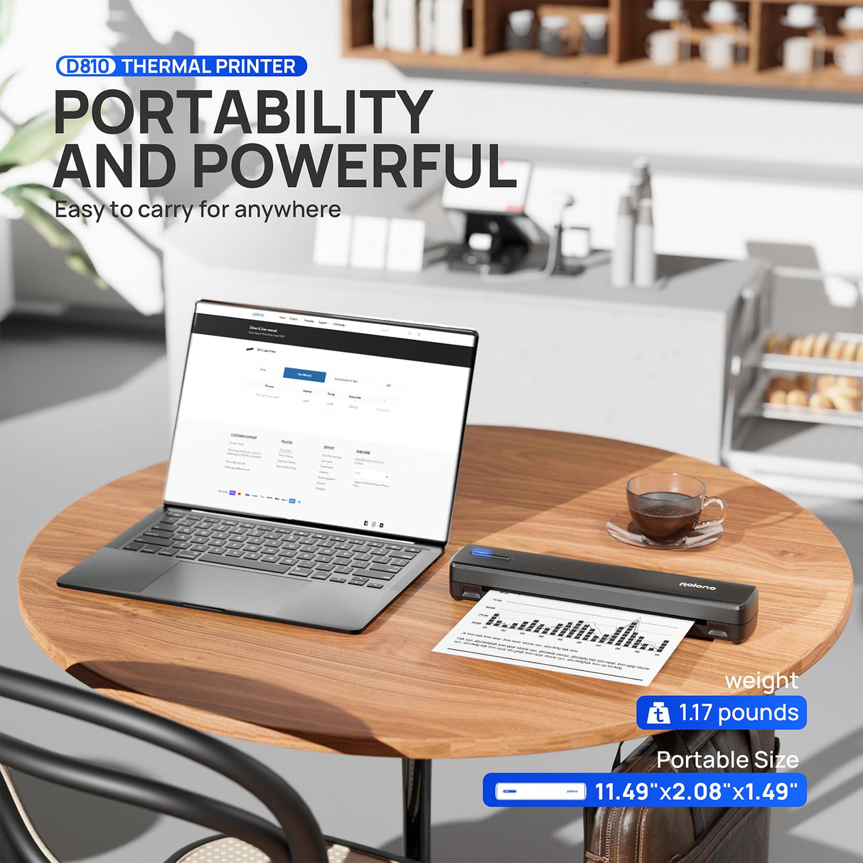 POLONO Portable Printer Wireless for Travel, D810 Bluetooth Thermal Printer Support for 8.5"x11" US Letter, Inkless Printer Compatible with iOS, Android, Laptop for Office, Car and Home, Black POLONO