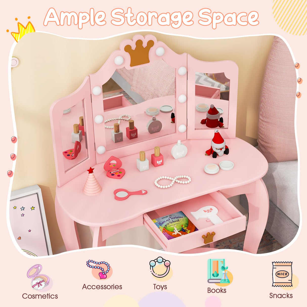 Costzon Kids Vanity with Lights, Girls Vanity Set with Mirror and Stool, Drawer, 2 in 1 Princess Makeup Desk Dressing Table, Toddler Vanity, Pretend Play Kids Vanity Table and Chair Set (Pink) Costzon