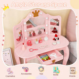Costzon Kids Vanity with Lights, Girls Vanity Set with Mirror and Stool, Drawer, 2 in 1 Princess Makeup Desk Dressing Table, Toddler Vanity, Pretend Play Kids Vanity Table and Chair Set (Pink) Costzon