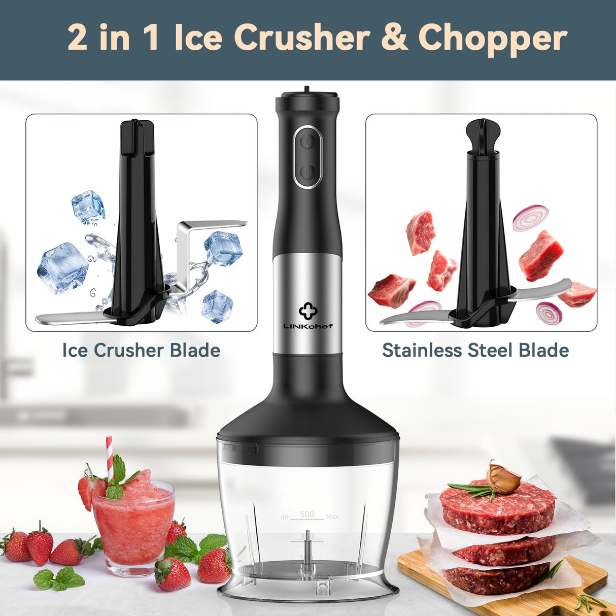 LINKChef 7 in 1 Immersion Blender Scratch Resistant, 2 Titanium Steel Blades 800W Hand Blender, 20 Speed and Turbo Mode Stick Blender Immersion with Whisk, Milk Frother, Food Processor, Beaker LINKChef