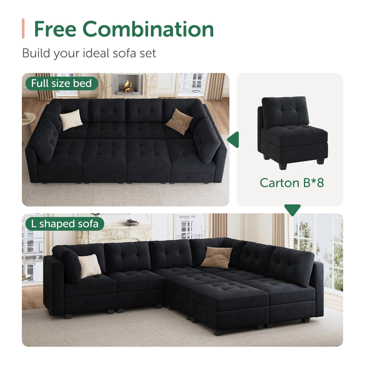 HONBAY Modular Sectional Sleeper Sofa with Storage, Velvet Modular Sofa Couch Oversized, 8-Seat Reversible Velvet Sleeper Sectional Sofa Bed for Living Room, Black HONBAY