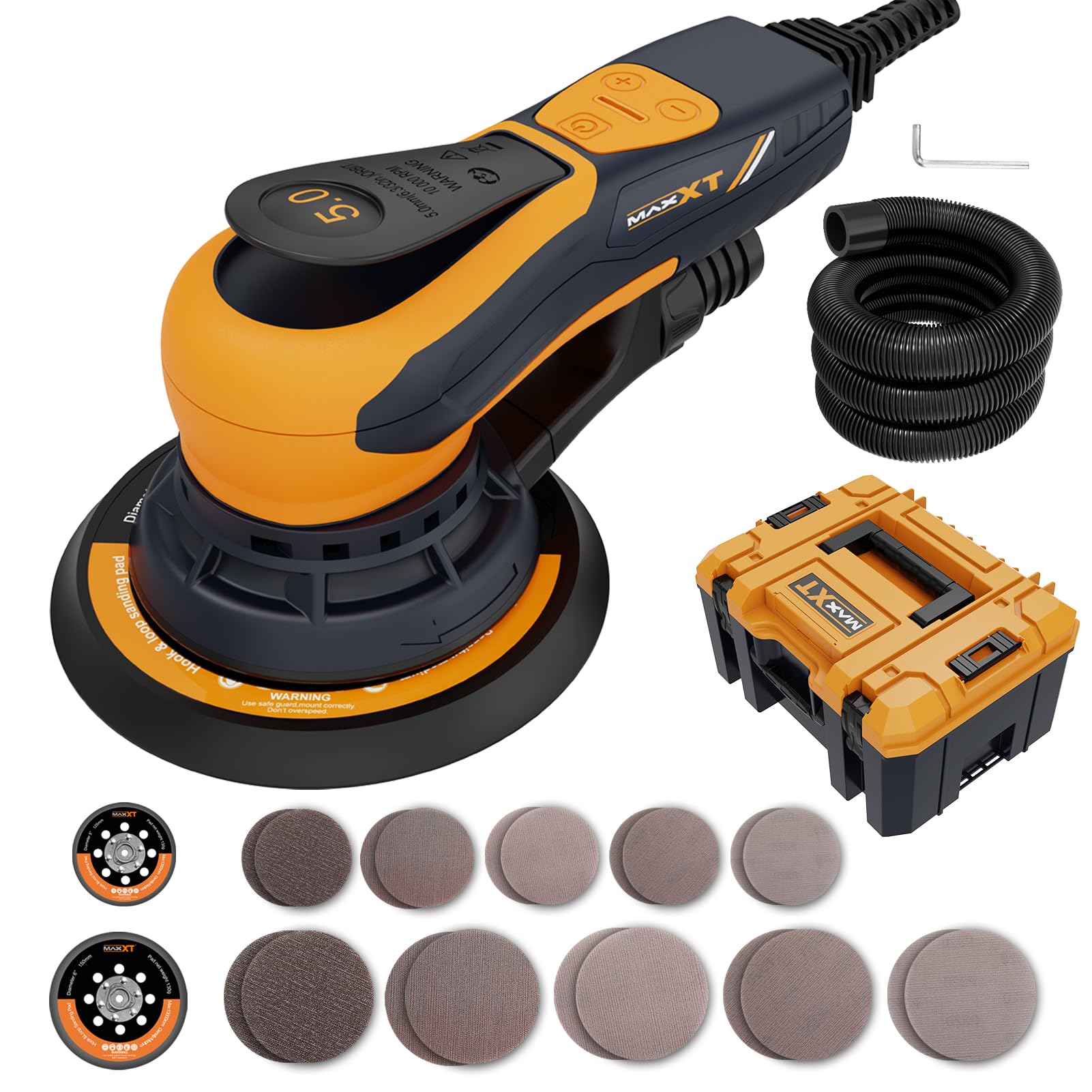 MAXXT Electric 5mm Random Orbital Sander with Tool Case, Palm Sander with Brushless Motor, 5&6Inch Sanding Pads, Central Vacuum, Sanders for Woodworking, Primary Wood and Panel Processing - WoodArtSupply