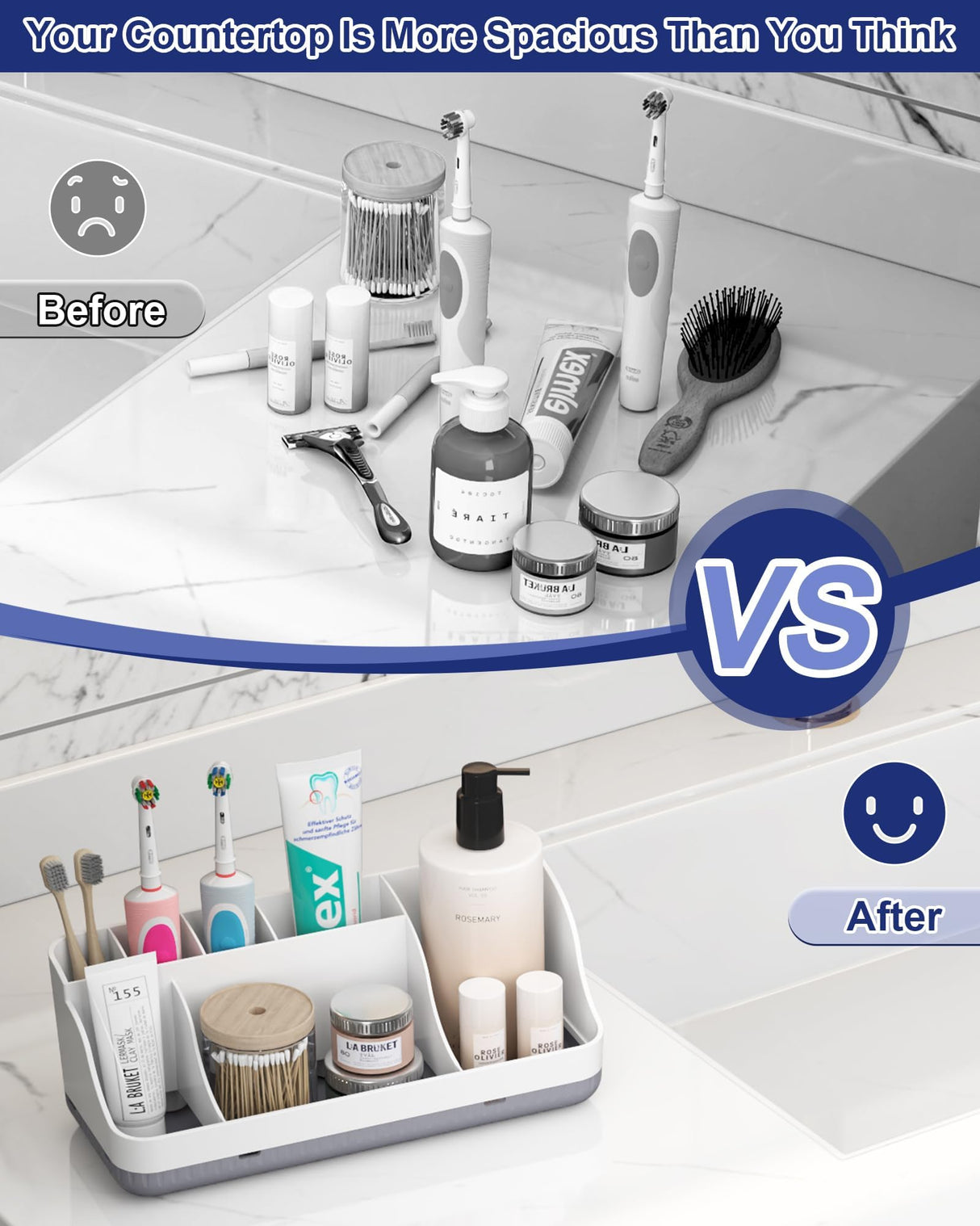 Bathroom Counter Organizer and Storage, 7 Slots Detachable Toothbrush Holders for Bathrooms, Anti-Slip Electric Toothbrush and Toothpaste Holder Countertop Vanity Organizer Accessories for Adults Kids Homtalker