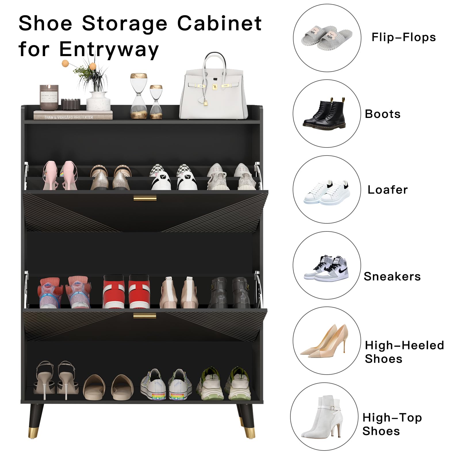 howcool Shoe Storage Cabinet with 2 Flip Drawers, Slim Wooden Freestanding Shoe Cabinet with Cubby and Shelf, Hidden Narrow Shoes Rack Organizer for Entryway Hallway, Holds 24 Pairs, Black - WoodArtSupply