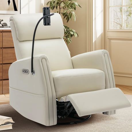 COLAMY Modern Electric Power Swivel Recliner Chair, Beige Leather, 270 Swivel 145 Recline, Built-in Charging Ports, Adult Relaxing Chair COLAMY