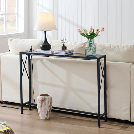 Gewudraw Console Table with 2 AC Oulets & 2 USB Ports, 41.8" Narrow Sofa Table, Entryway Table, Industrial Sofa Table for Hallway, Living Room, Bedroom, Long Console Table, 6.5 Feet Power Cord Gewudraw