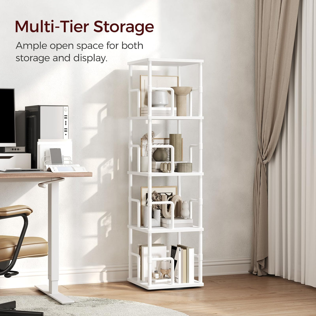 MAHANCRIS 4-Tier Rotating Bookshelf, Freestanding Corner Bookshelf, 360° Spinning Bookcase, Industrial Style Storage Rack with Rails, for Living Room, Bedroom, Study, White BKWT1501 MAHANCRIS