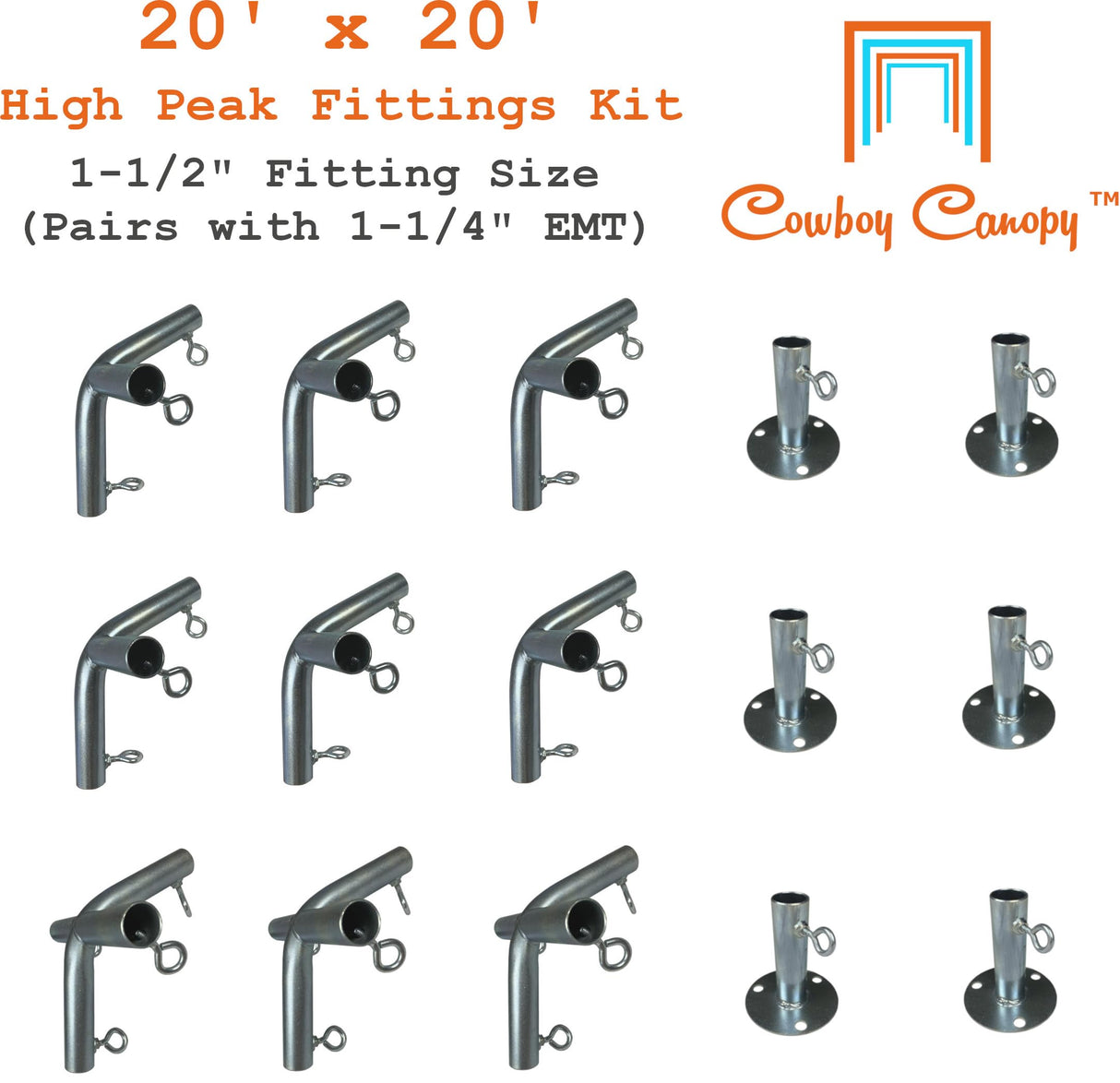 Carport Kit, 20' x 20' High Peak Canopy Fittings, DIY Metal Carport Frame Parts, 1-1/2" EMT Fittings Cowboy Canopy