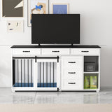 Lovinouse Large Dog Crate Furniture, 67" Wooden Dog Crates Kennel Furniture with Sliding Door, Storage Shelves and Drawers for Small, Medium and Large Dog, White+Black Tablet Lovinouse