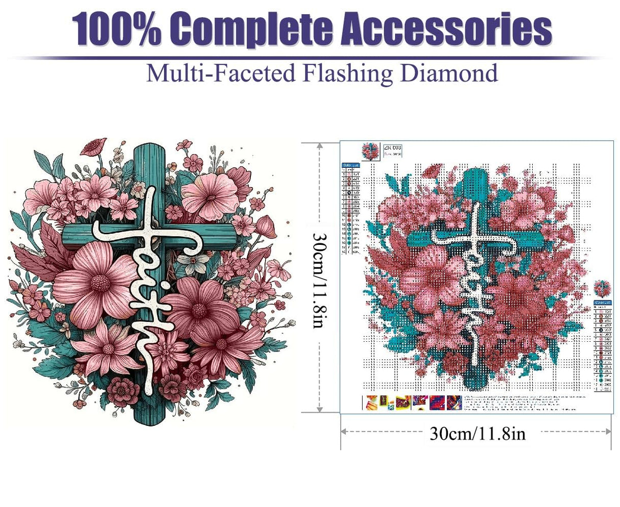 Religious Diamond Art Kits for Adults, Cross Flower Diamond Painting, Diamond Painting Kits for Adults Beginners, Diamond Art for Kids Gem Art Home Wall Decor 11.8x11.8Inch Baiwanerxiang
