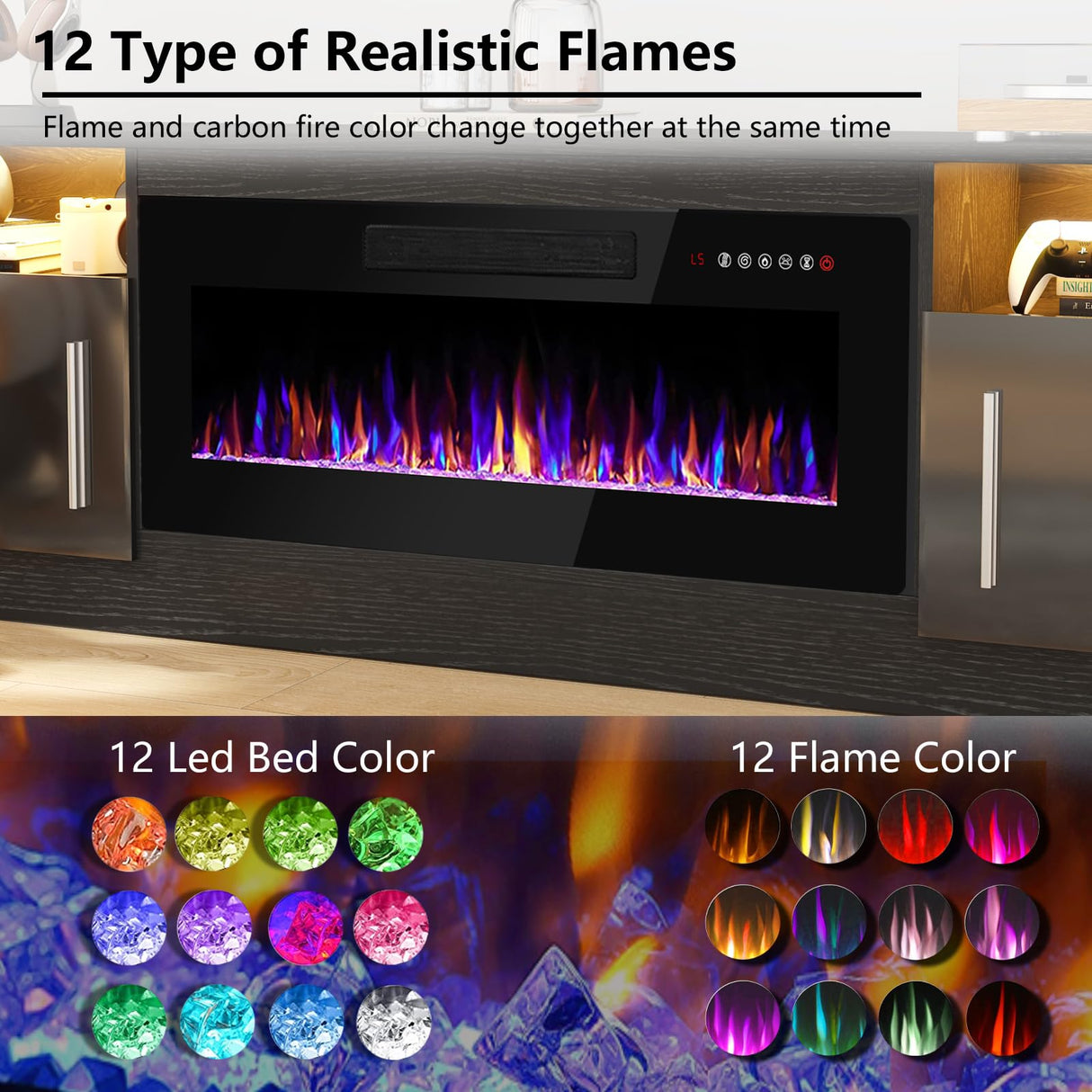 PRETZI Fireplace TV Stand with 36" Fireplace Up to 80" TVs,70" Entertainment Center with LED Lights,Remote Control,TV Media Console with Storage Cabinets for Living Room, Black PRETZI