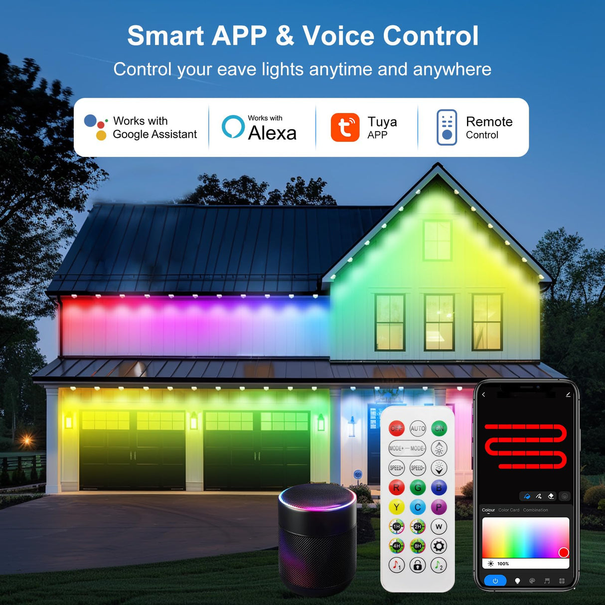 Permanent Outdoor Christmas Lights, 100ft with 72 LED RGB Lights, Smart, Works with APP, Alexa & Google Assistant lemonrole