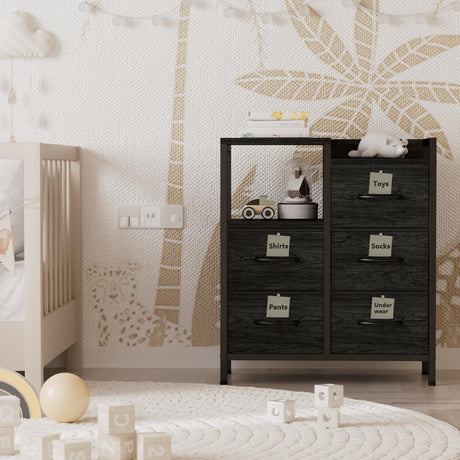 Furnulem 5 Drawer Black Dressers for Bedroom 2 Tier Shelf Storage Small Fabric Dresser for Closet Sturdy Metal Frame Modern Dresser Bedroom Dresser with Drawers for Hallway Rooms Furnulem