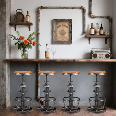 Topower Antique Industrial Round Bottom Adjustable Height Cafe Coffee Retro Vintage Stylish Water Pipe Design Pub Kitchen Bar Stool (Silver, Wooden Top) Topower