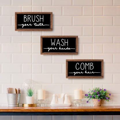 LIBWYS Bathroom Sign & Plaque (Set of 3) Wash Your Hands Brush Your Teeth Comb Your Hair Decorative Rustic Wood Farmhouse Bathroom Wall Decor (Black)