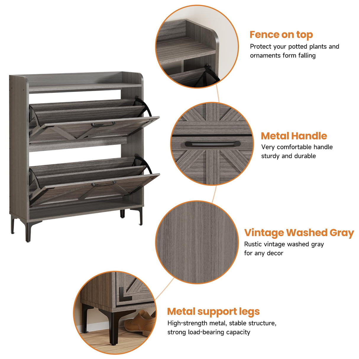 Derfullo Shoe Cabinet with 2 Flip Drawers,Shoe Storage Cabinet for Entryway,Freestanding Shoe Cabinet Organizer with Open Storage, Narrow Farmhouse Shoe Rack with Legs, Washed Gray Derfullo