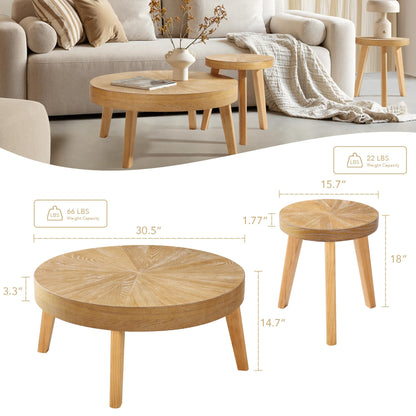 HOKYHOKY Farmhouse Round Coffee Table Set of 3, Boho Sofa Side Nesting Tables End Table Set with Wood Natural Finish for Living Room, Bedroom, Home Office,Natural - WoodArtSupply