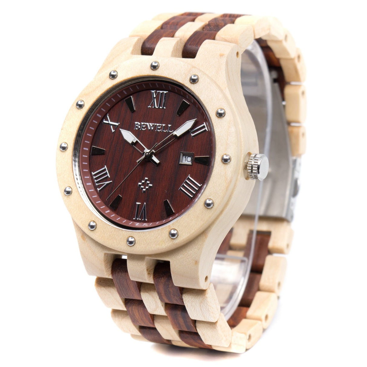 BEWELL W109A Natural Wood Watches for Men Quartz Date Lumious Pointers (Maple and Red Sandalwood) BEWELL