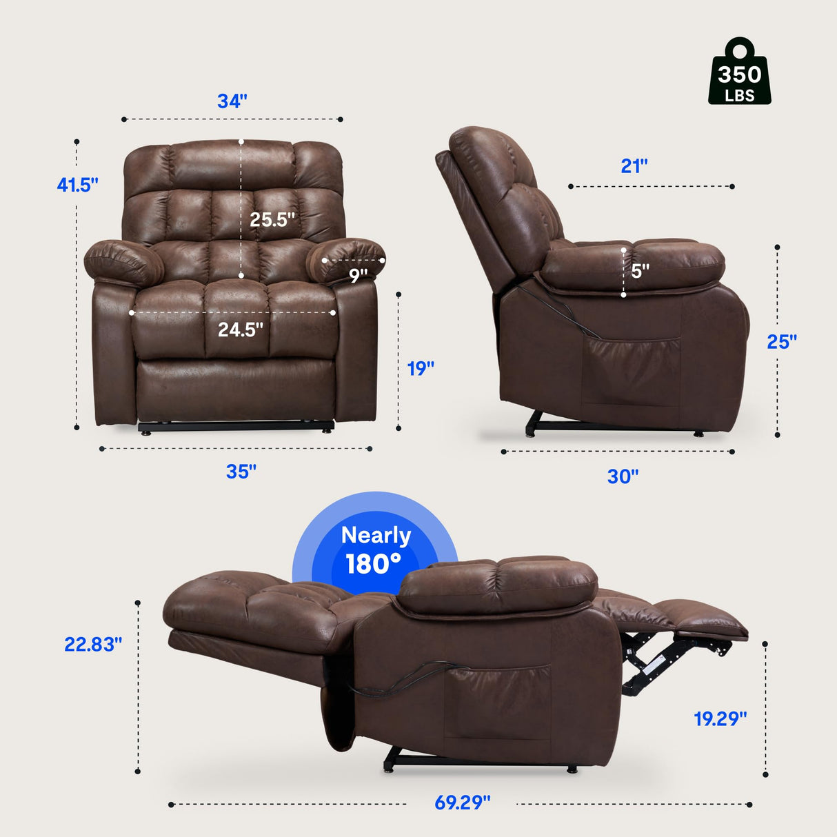 FLEXISPOT XL51 Dual OKIN Motor Power Lift Recliner Chair for Elderly, Lay Flat Sleeper Recliner with Massage & Heat, USB Ports, Faux Leather Reclining Sofa for Living Room Bedroom(Extra Large, Brown) FLEXISPOT