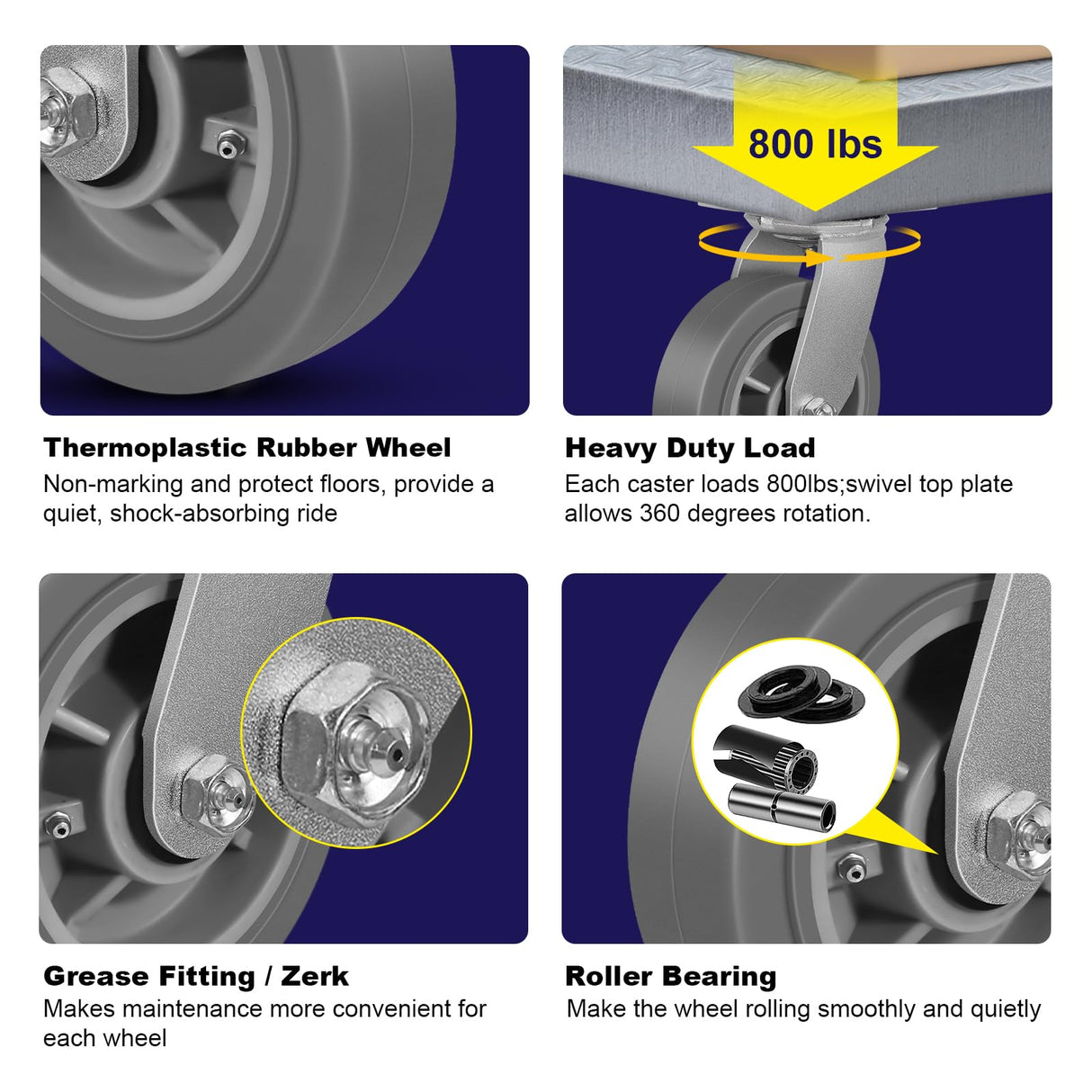 NINOSO 6" Heavy Duty Casters, Swivel Rubber Casters Set of 4 No Noise Plate Caster Wheels, Load Capacity 3200lbs Ninoso