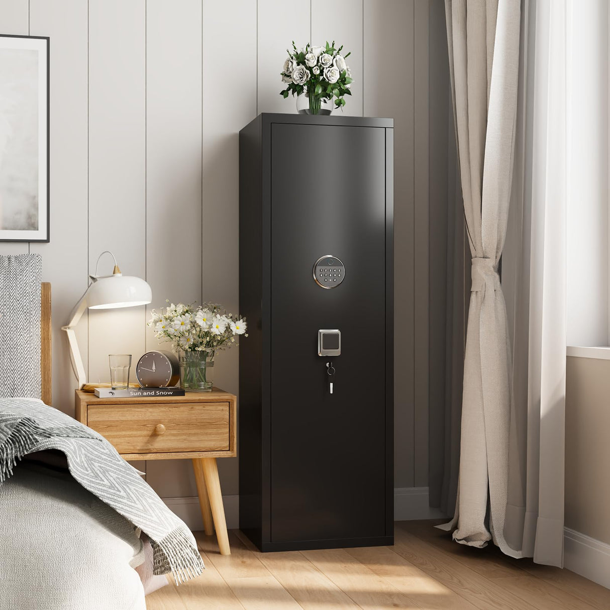 Leariso Biometric Gun Cabinet, Home Safes for Rifles and Pistols, Rifle Gun Safe for Handgun with Adjustable Shelves and Pockets, Gun Cabinet with Alarm Function, Gun Locker, Easy Installation Leariso