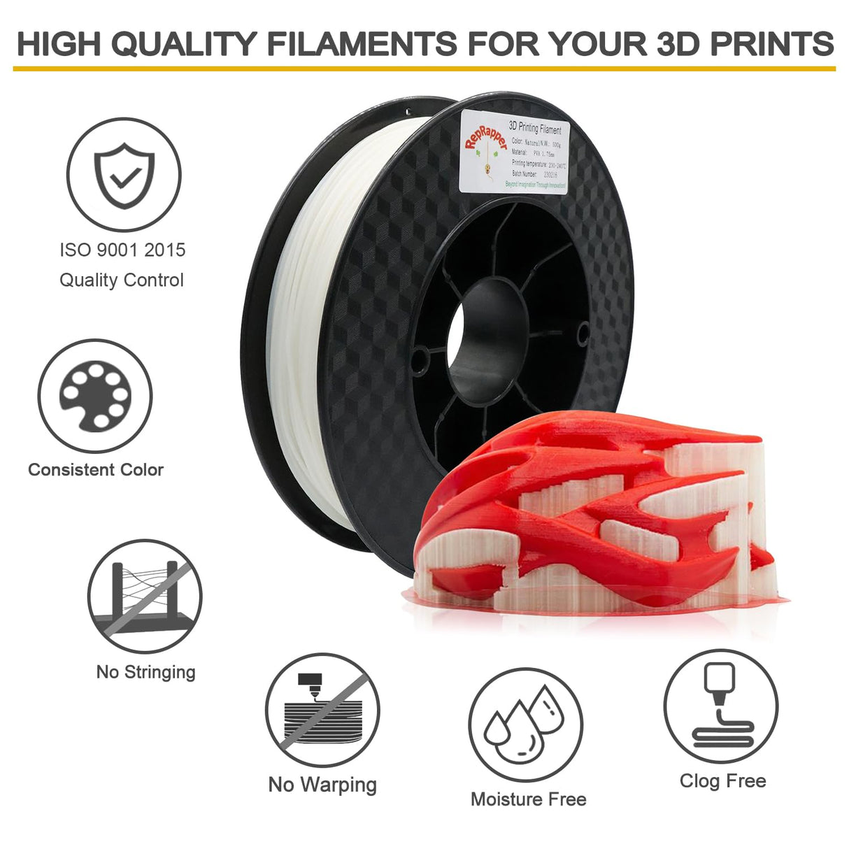 RepRapper PVA Filament 1.75mm for 3D Printer, Water Soluble Filament Commonly Used as Support Material, 0.5kg Natural Color RepRapper