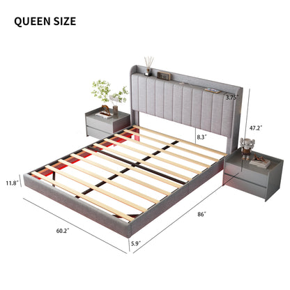 YOPTO Modern Queen Size Floating Bed Frame with APP-Controlled RGB LED Lights, USB Port & Storage Headboard in Light Grey - WoodArtSupply