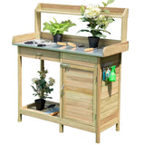 Giantex Potting Bench Table for Outside Natural Wood Garden Plant Lawn Patio Table Storage Shelf Metal Tabletop Outdoor Workstation Flower Pot Bench (Natural Fir w/Cabinet) Giantex